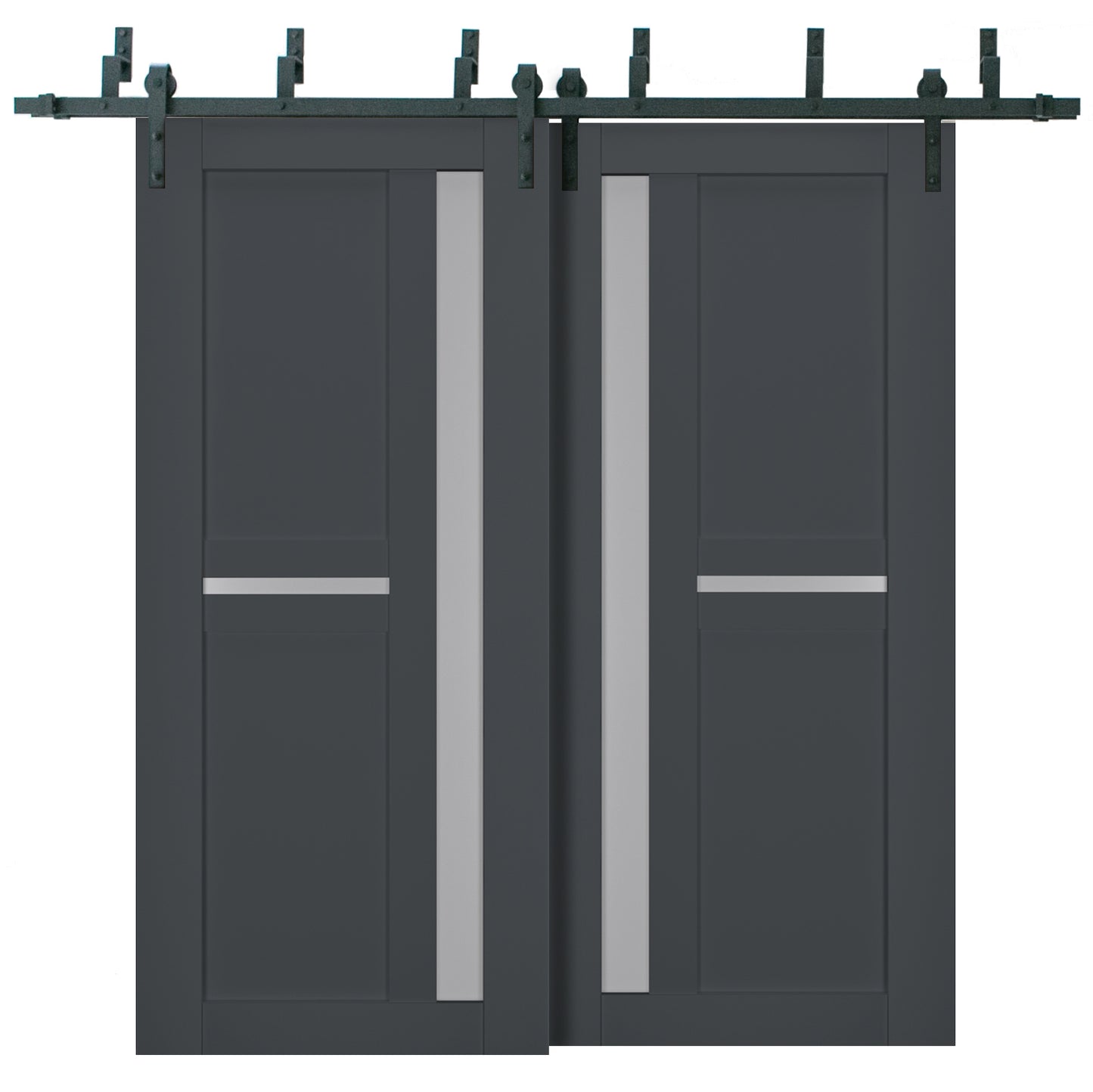 Veregio 7288 Antracite Double Barn Door with Frosted Glass and Black Bypass Rail