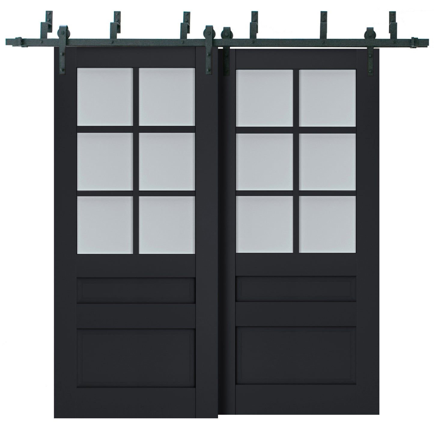 Veregio 7339 Antracite Double Barn Door with Frosted Glass and Black Bypass Rail