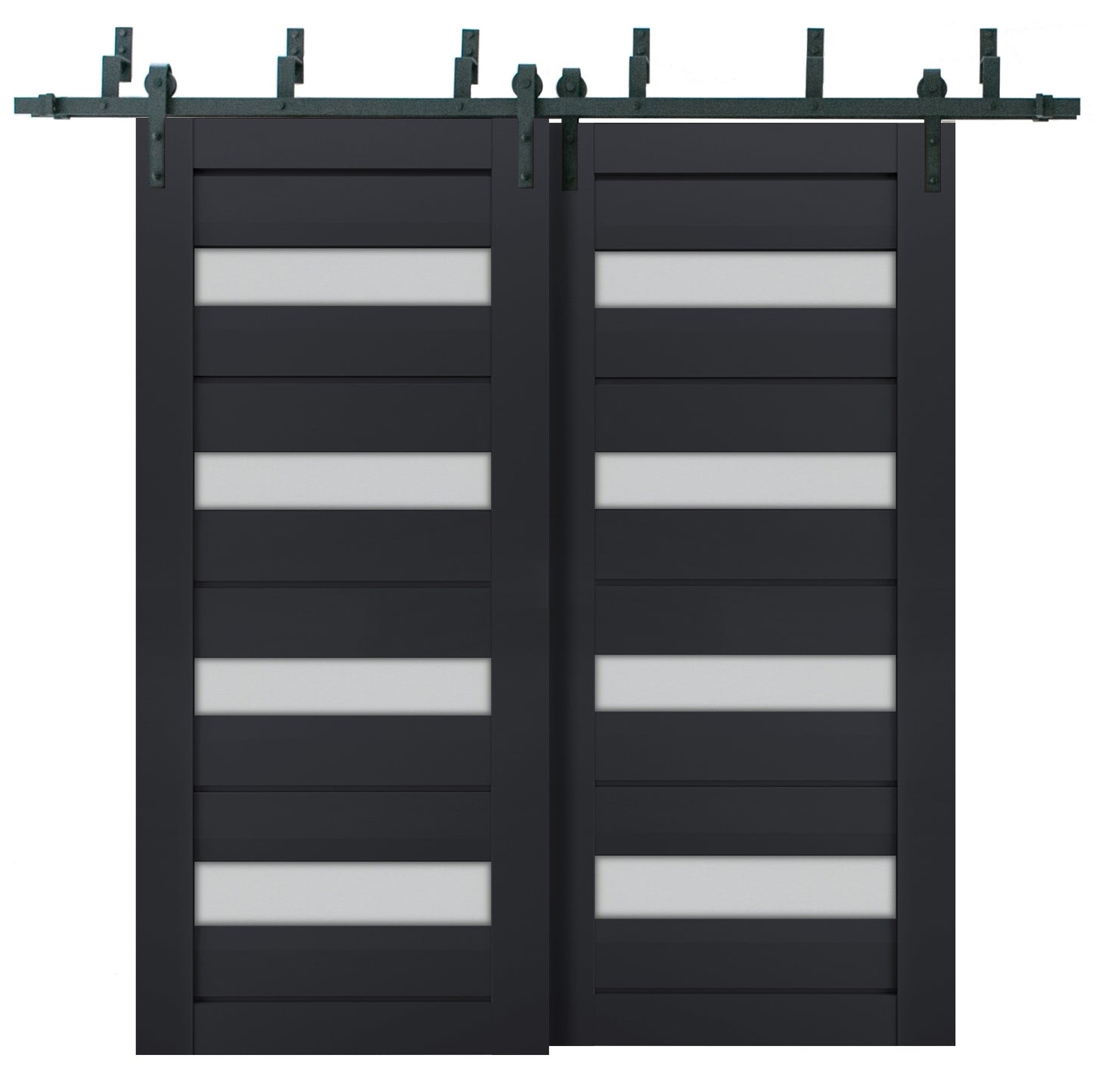 Veregio 7455 Antracite Double Barn Door with Frosted Glass and Black Bypass Rail