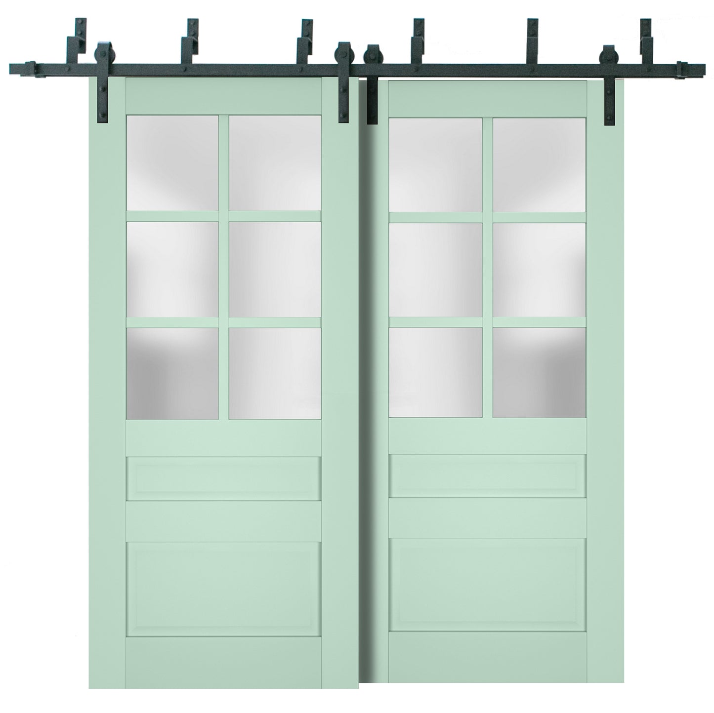 Veregio 7339 Oliva Double Barn Door with Frosted Glass and Black Bypass Rail