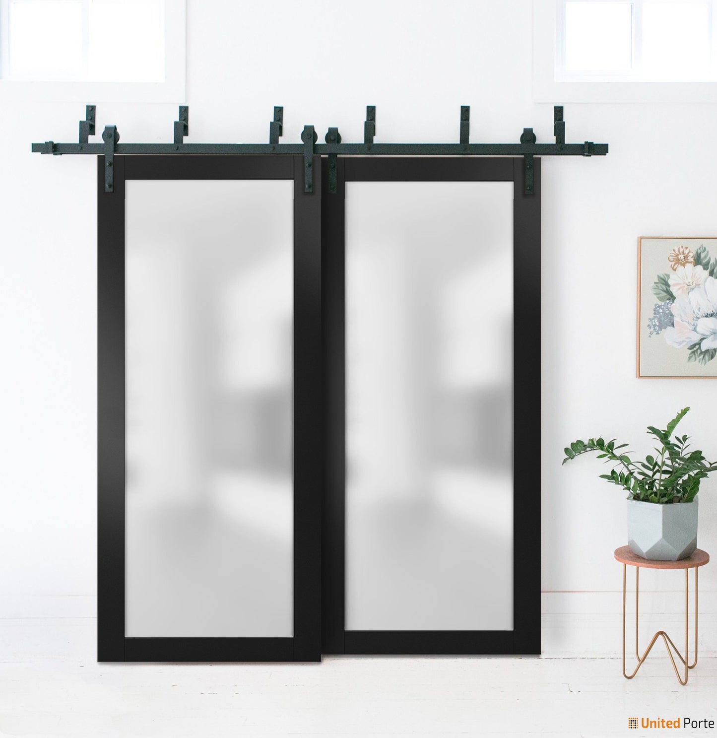 Planum 2102 Matte Black Double Barn Door with Frosted Glass | Black Bypass Rail