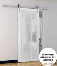 Load image into Gallery viewer, Felicia 3312 White Barn Door with 12 Lites Frosted Glass and Stainless Rail