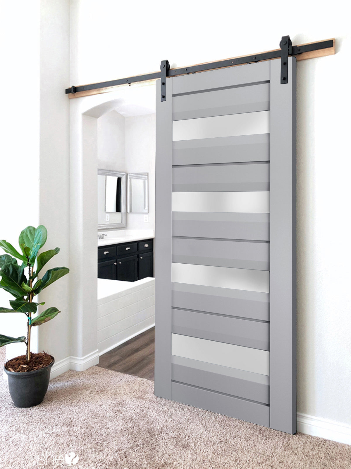 Veregio 7455 Matte Grey Barn Door with Frosted Glass and Black Rail
