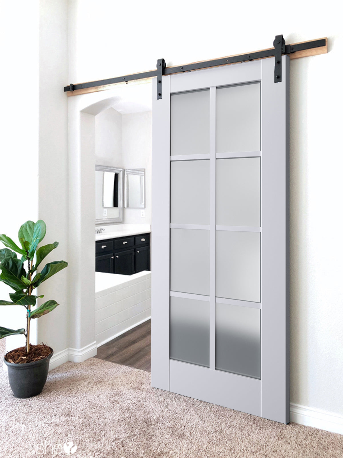 Veregio 7412 Matte White Barn Door with Frosted Glass and Black Rail