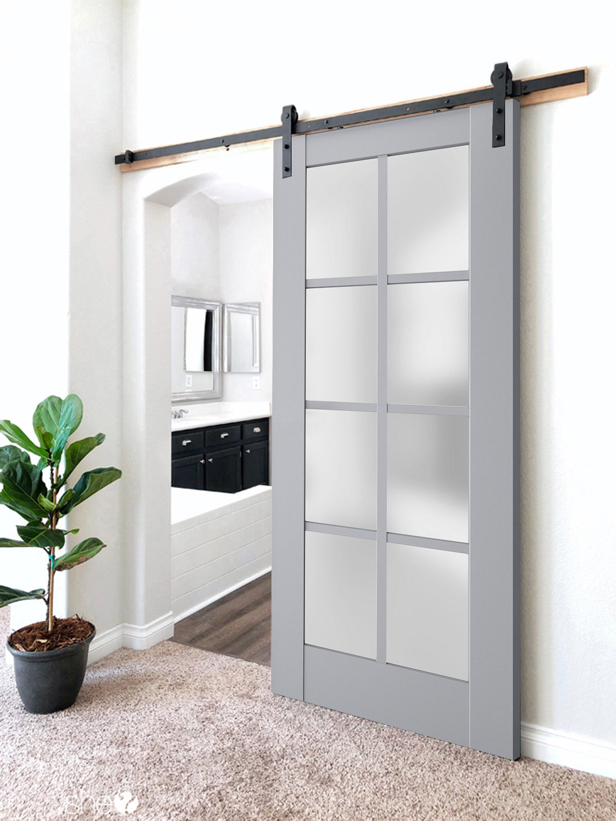 Veregio 7412 Matte Grey Barn Door with Frosted Glass and Black Rail