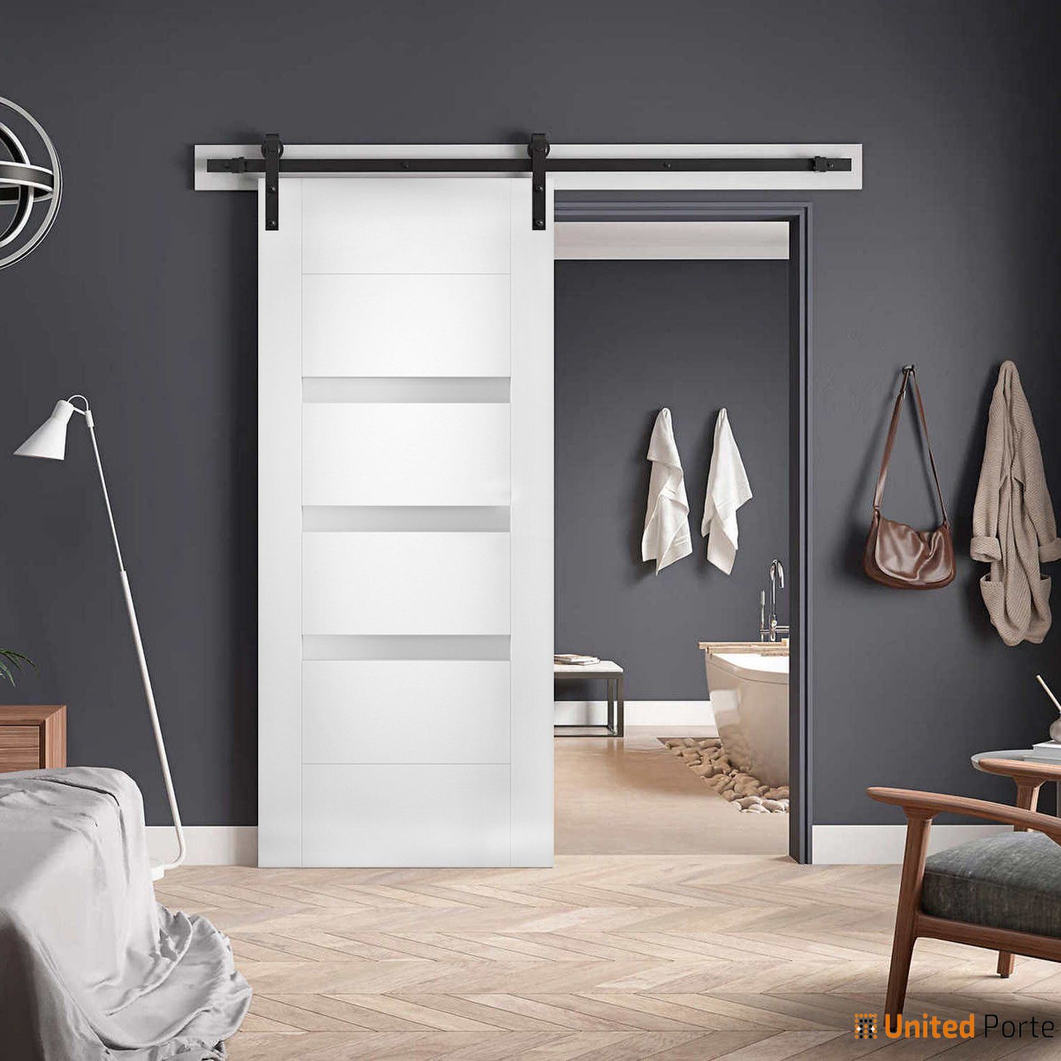 Sete 6900 White Silk Barn Door with Frosted Glass and Black Rail