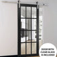 Felicia 3355 Matte Black Barn Door with 12 Lites Clear Glass and Silver Finish Rail