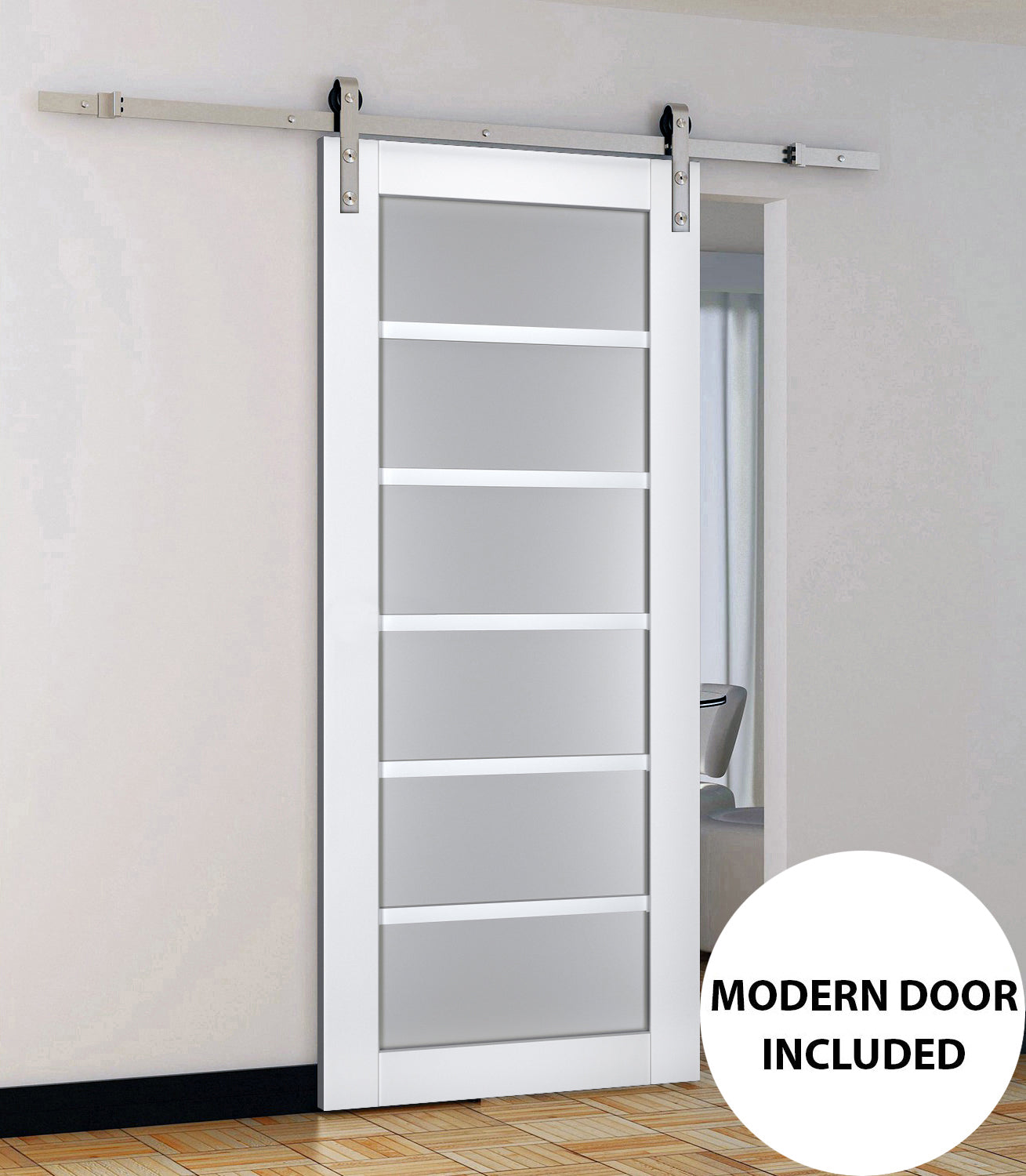 Veregio 7602 Matte White Barn Door with Frosted Glass and Silver Finish Rail