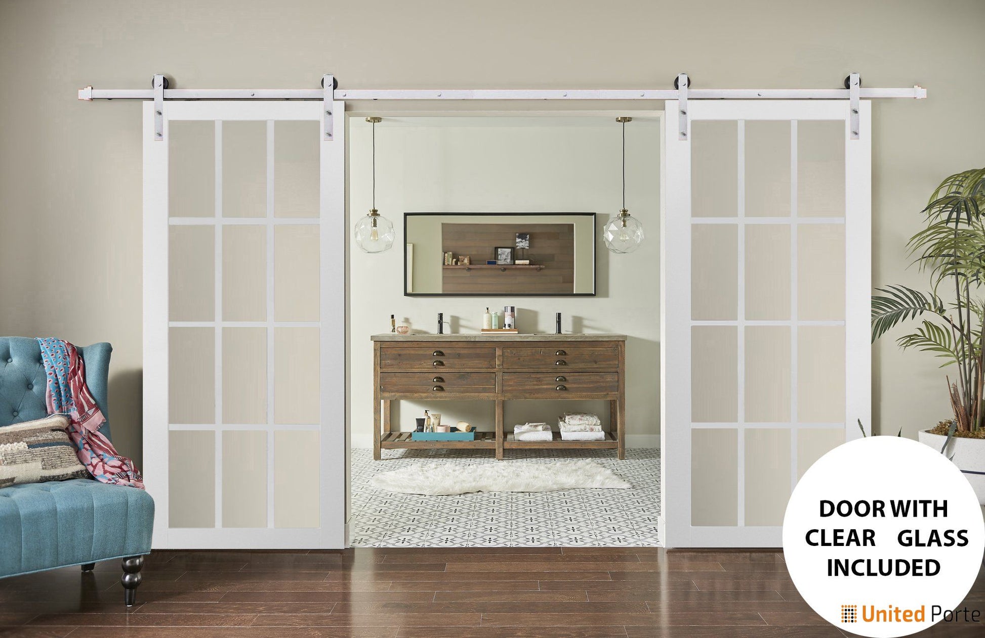 Felicia 3355 Matte White Double Barn Door with 12 Lites Clear Glass | Stainless Steel Rail