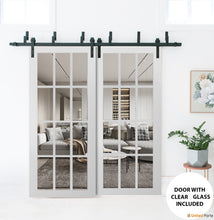 Load image into Gallery viewer, Felicia 3355 Matte White Double Barn Door with 12 Lites Clear Glass | Black Bypass Rails