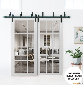 Felicia 3355 Matte White Double Barn Door with 12 Lites Clear Glass | Black Bypass Rails
