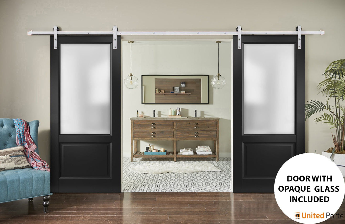 Lucia 22 Matte Black Double Barn Door with Frosted Glass | Silver Finish Rail