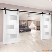 Load image into Gallery viewer, Sete 6933 White Silk Double Barn Door with Frosted Glass | Black Rail