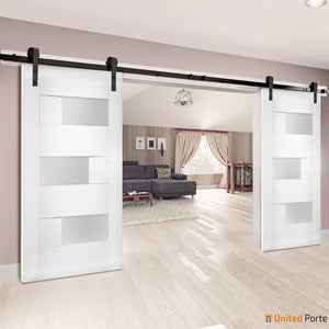 Sete 6933 White Silk Double Barn Door with Frosted Glass | Black Rail