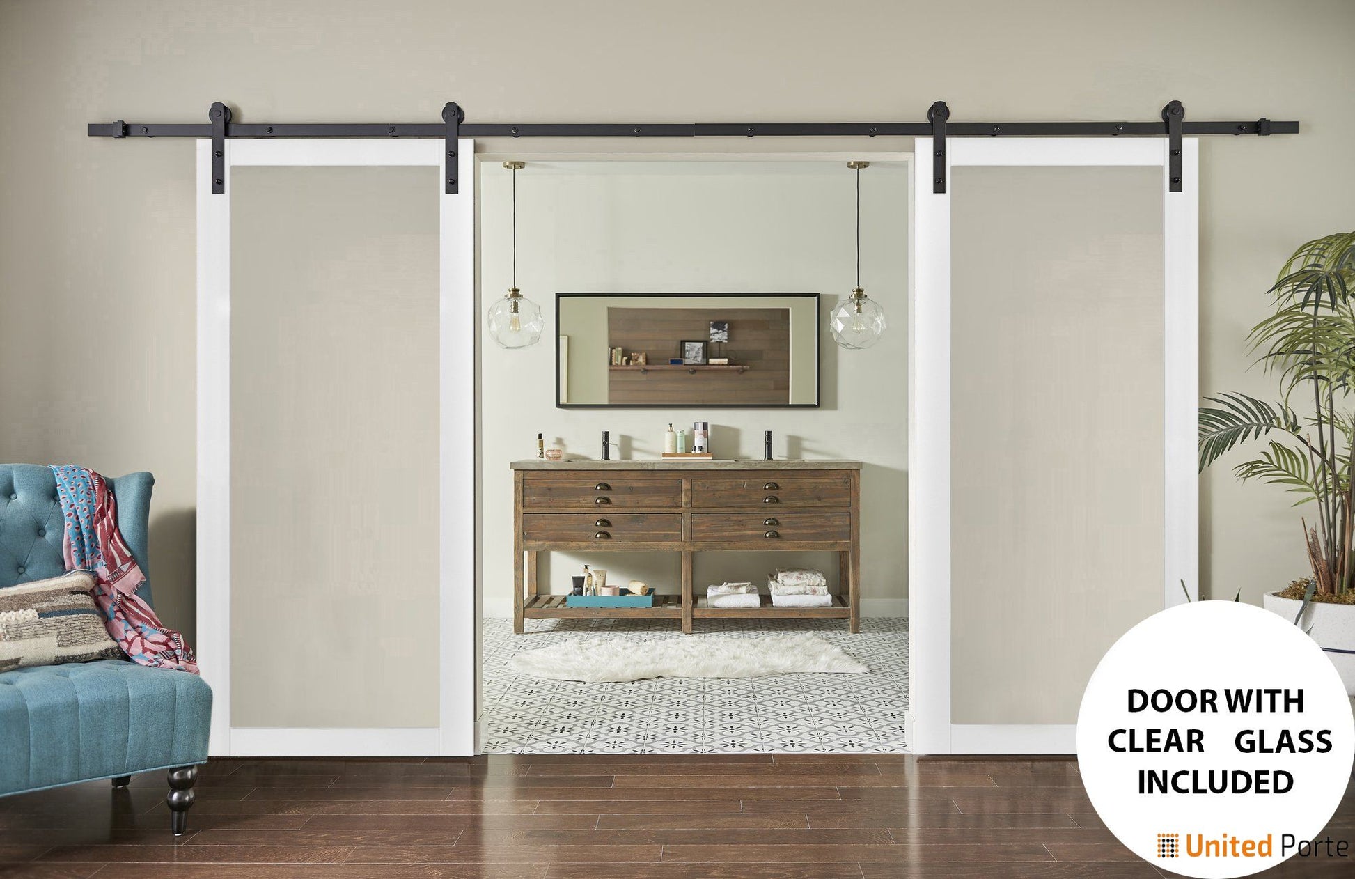 Lucia 2166 White Silk Double Barn Door with Clear Glass | Black Rail