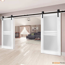 Load image into Gallery viewer, Mela 7222 White Silk Double Barn Door with 4 Lites Frosted Glass | Black Rail