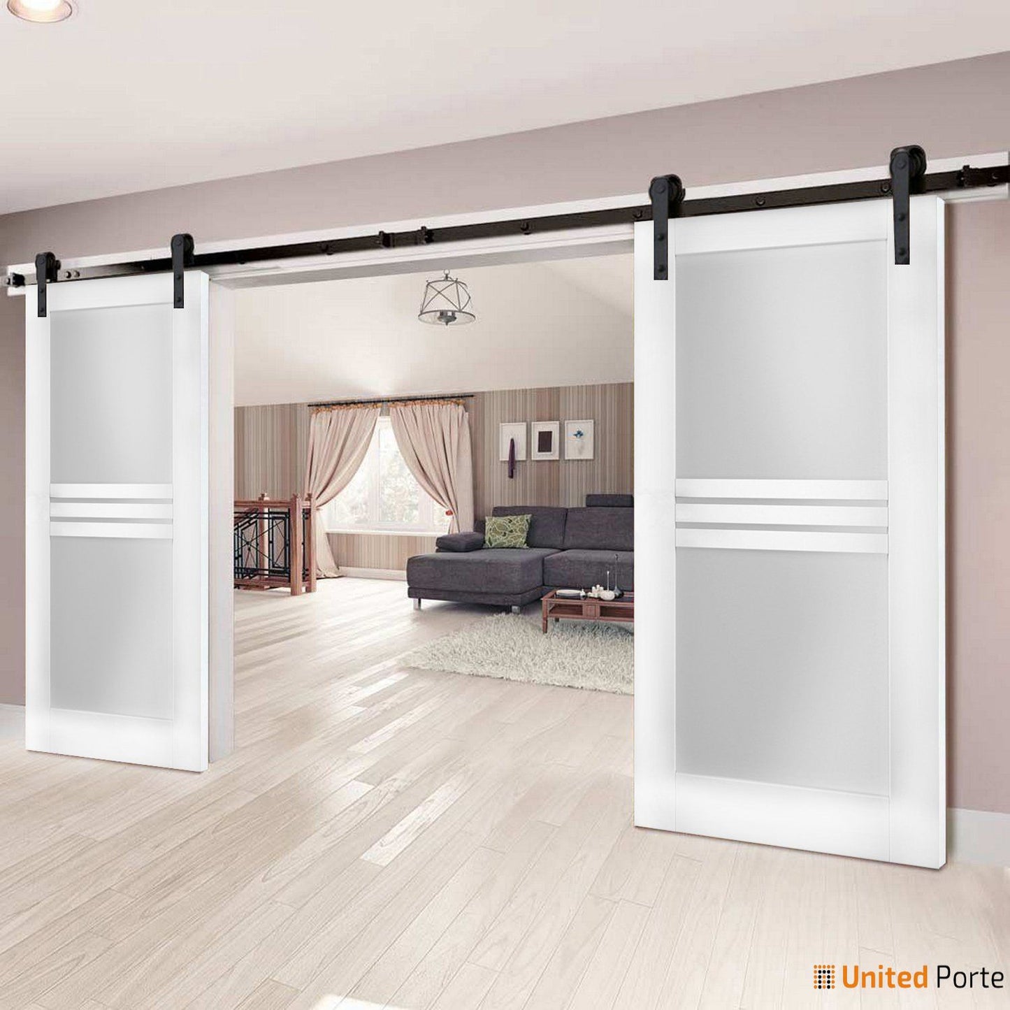 Mela 7222 White Silk Double Barn Door with 4 Lites Frosted Glass | Black Rail