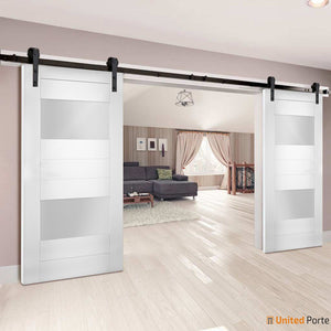 Sete 6222 White Silk Double Barn Door with Frosted Glass 2 Lites | Black Rail