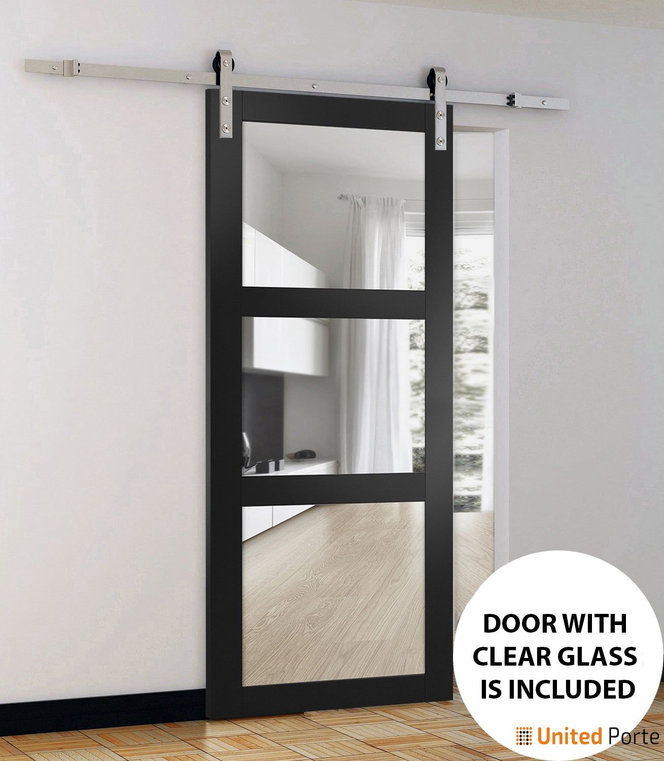 Lucia 2555 Matte Black Barn Door with 3 Lites Clear Glass and Silver Finish Rail