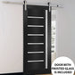 Quadro 4088 Matte Black Barn Door with Frosted Glass and Silver Finish Rail