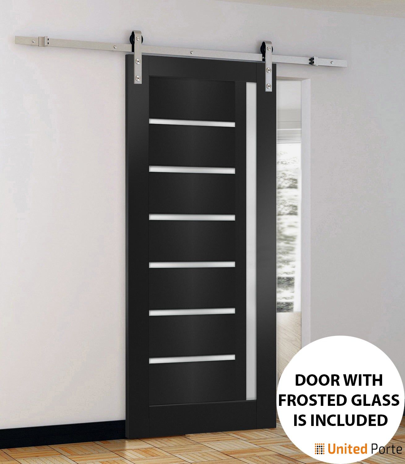 Quadro 4088 Matte Black Barn Door with Frosted Glass and Silver Finish Rail
