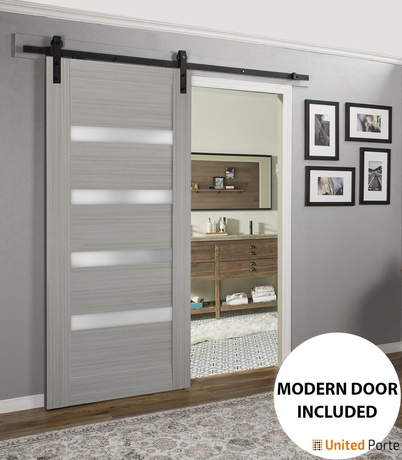 Quadro 4113 Grey Ash Barn Door with Frosted Glass and Black Rail
