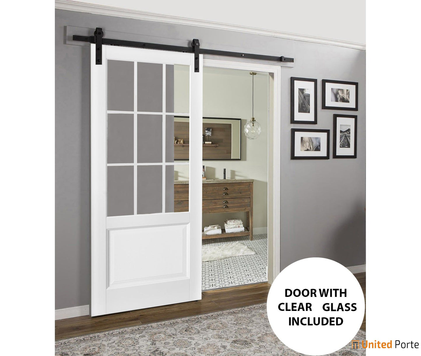 Felicia 3599 Matte White Barn Door with 9 Lites Clear Glass and Black Rail