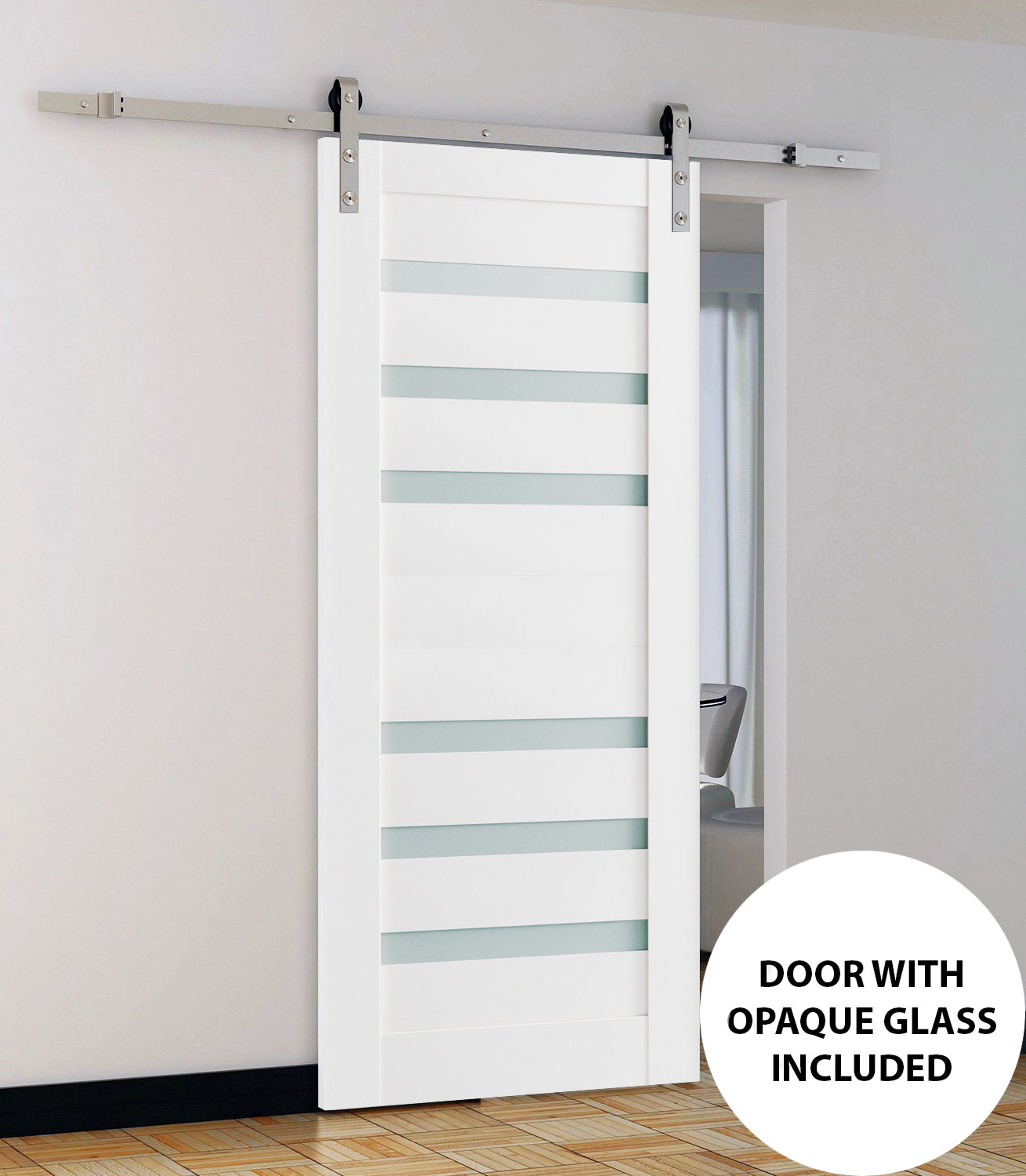 Quadro 4266 White Silk Barn Door with Frosted Glass and Silver Finish Rail