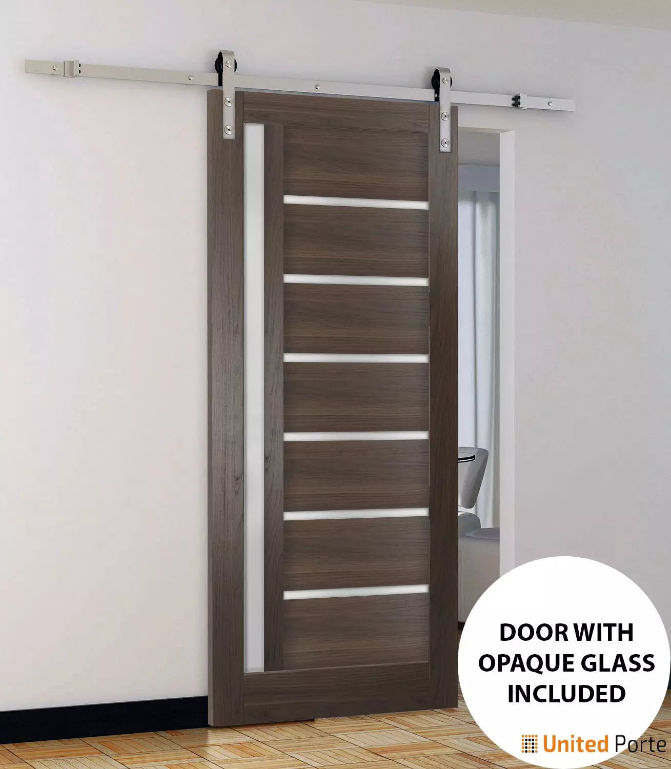 Quadro 4088 Chocolate Ash Barn Door with Frosted Glass and Silver Finish Rail