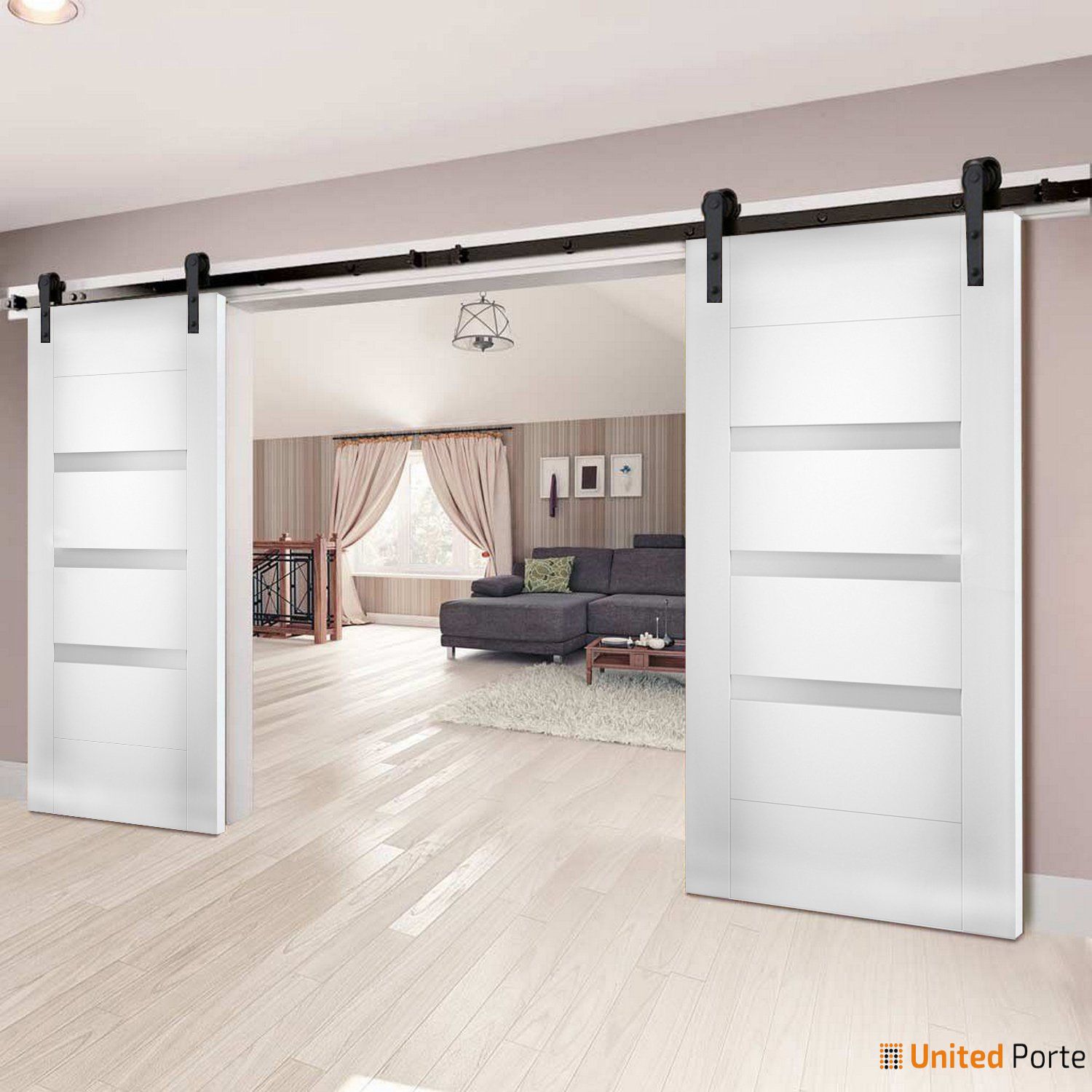 Sete 6900 White Silk Double Barn Door with Frosted Glass | Black Rail