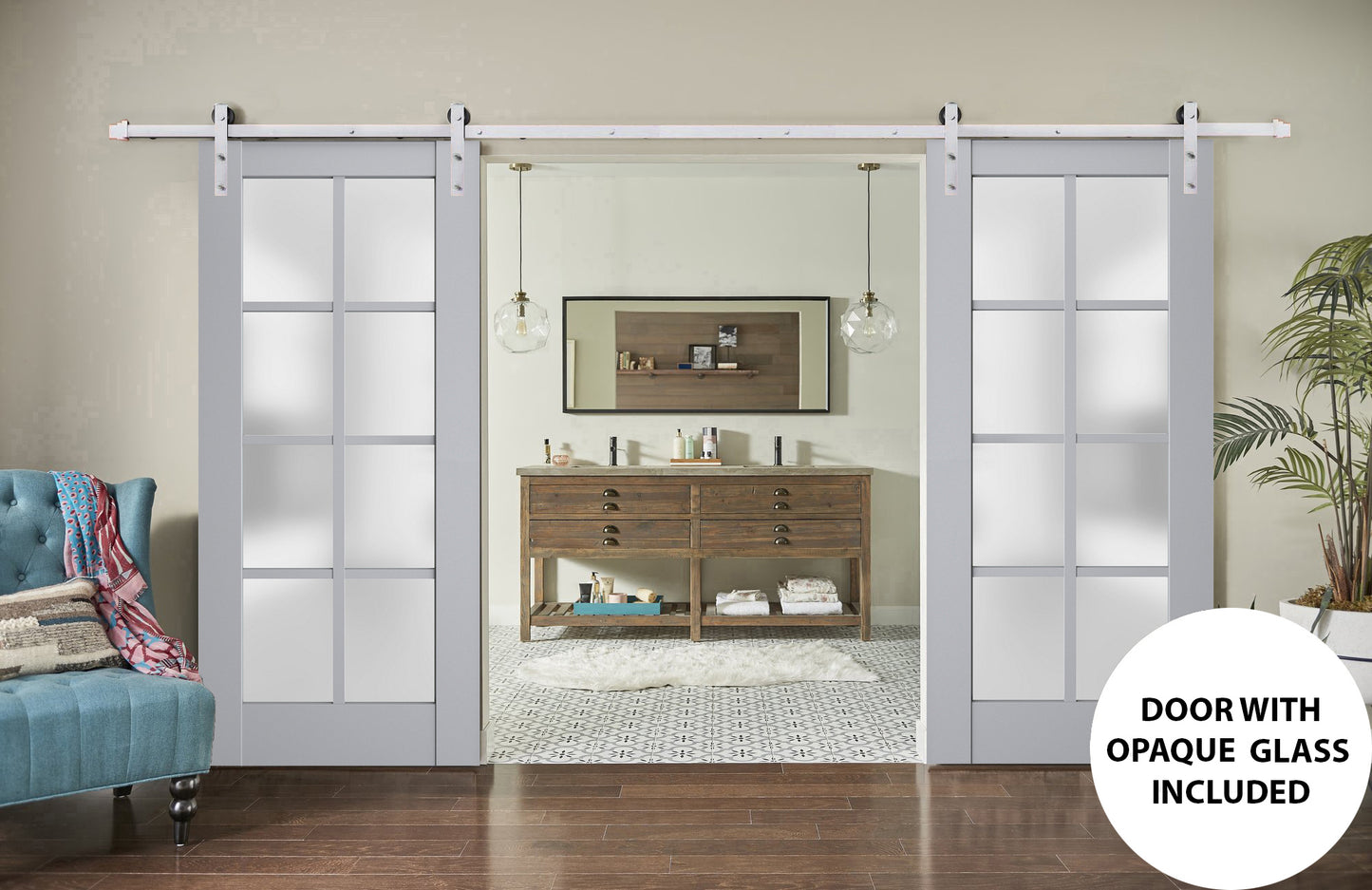 Veregio 7412 Matte Grey Double Barn Door with Frosted Glass and Silver Finish Rail