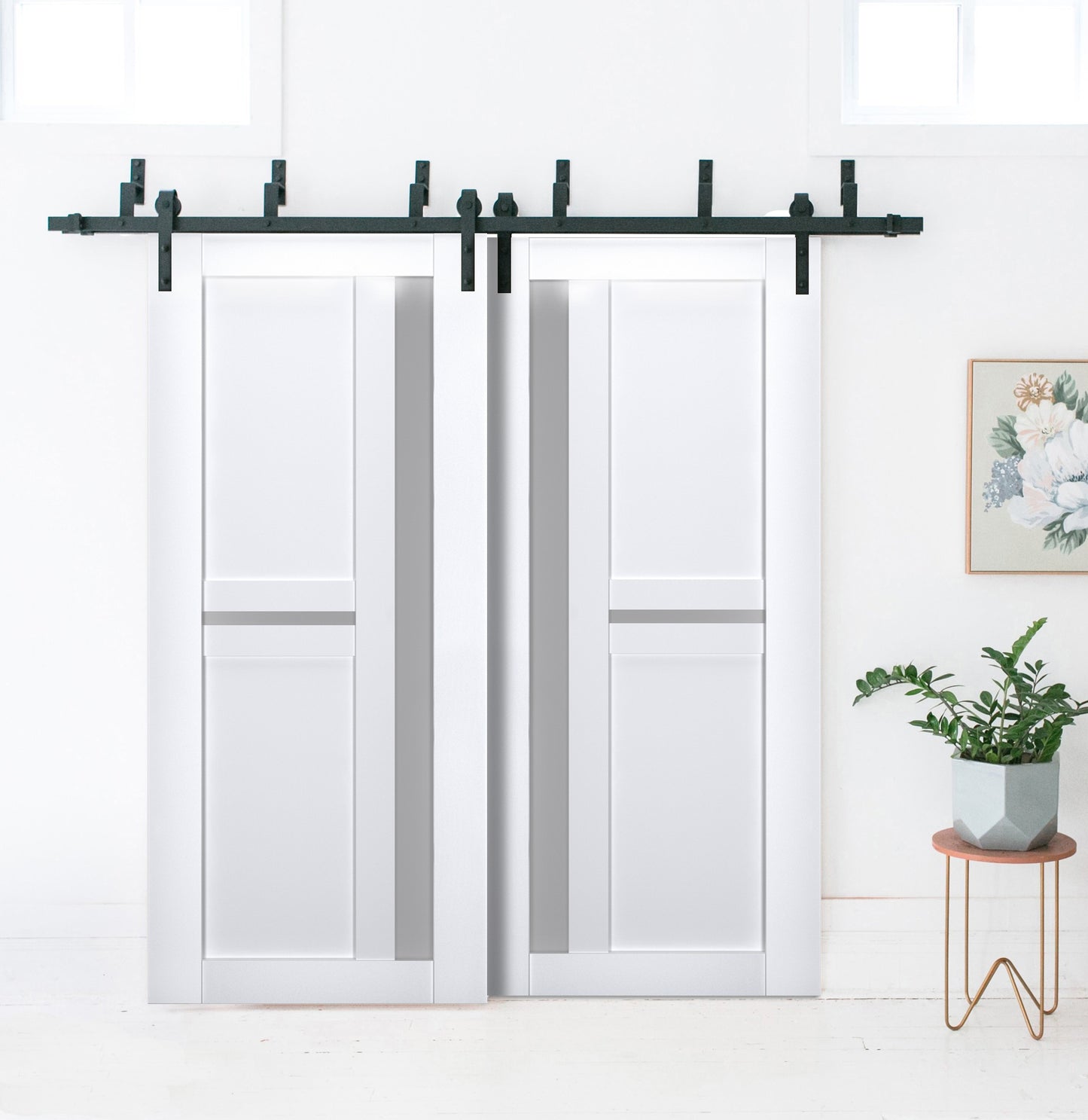 Veregio 7288 Matte White Double Barn Door with Frosted Glass and Black Bypass Rail