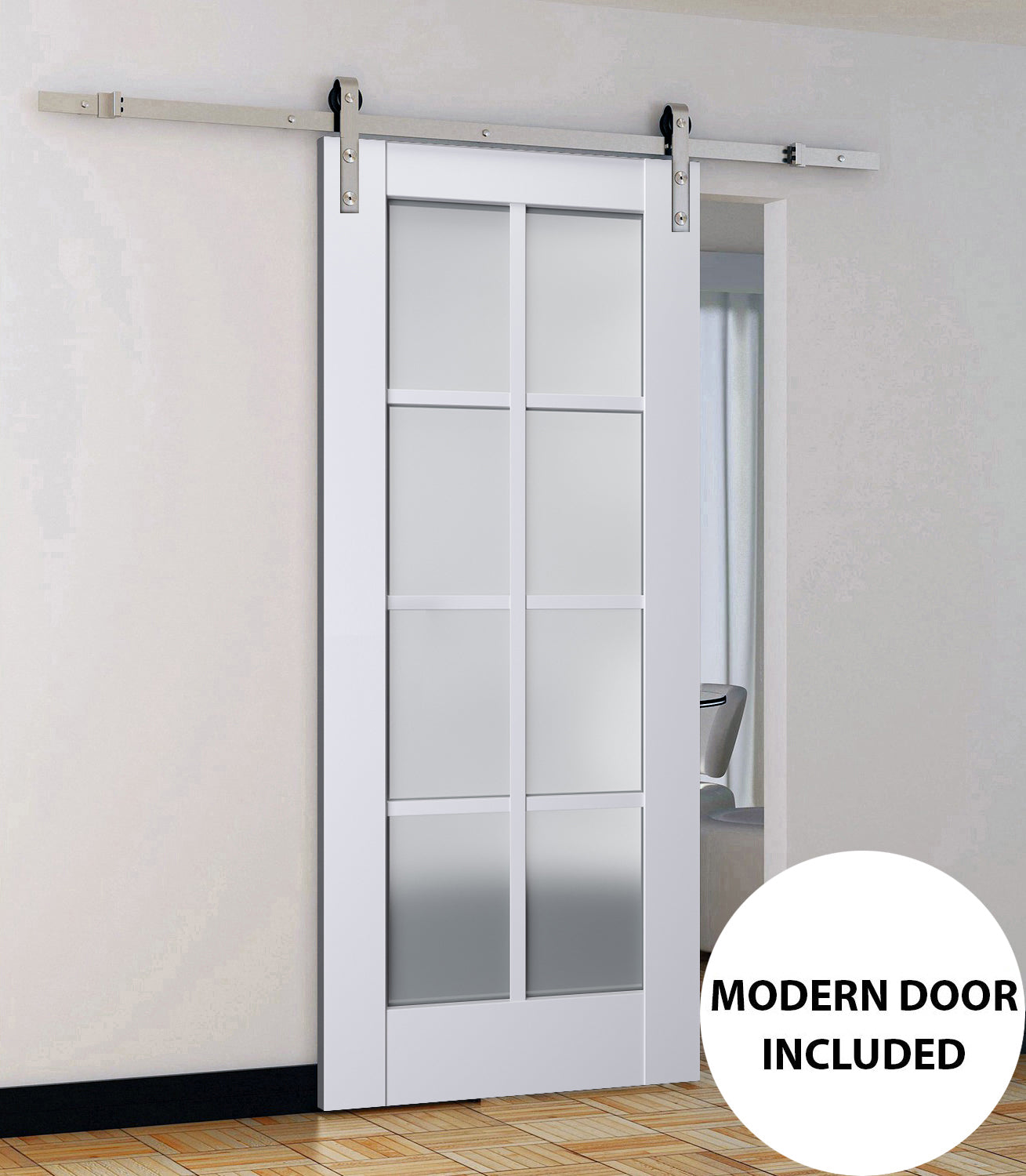 Veregio 7412 Matte White Barn Door with Frosted Glass and Silver Finish Rail