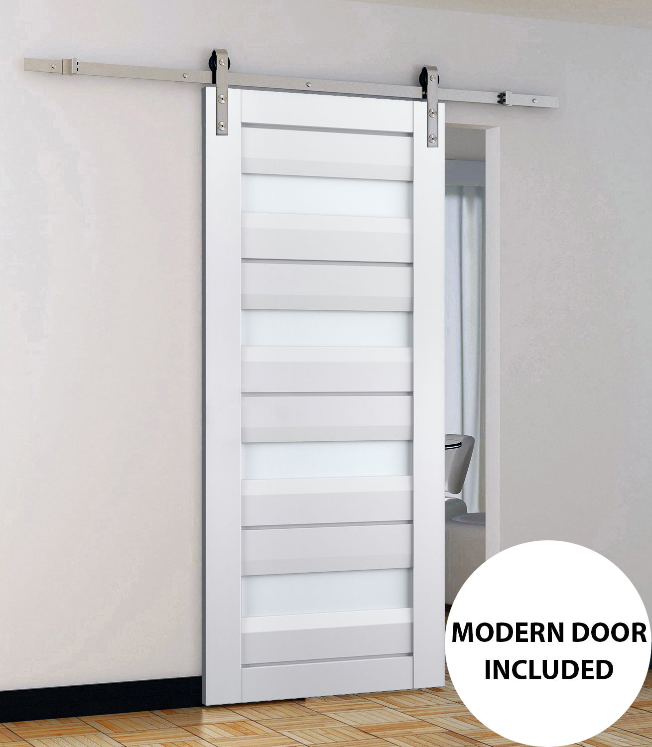 Veregio 7455 Matte White Barn Door with Frosted Glass and Silver Finish Rail