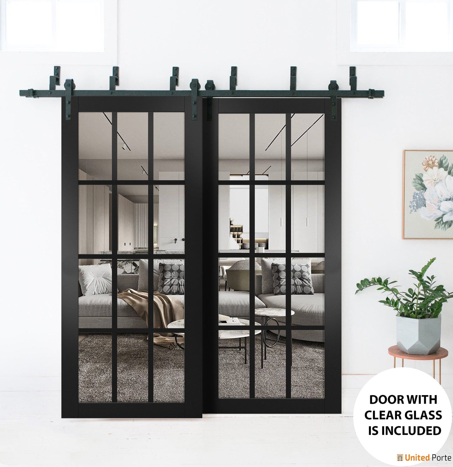 Felicia 3355 Matte Black Double Barn Door with 12 Lites Clear Glass | Black Bypass Rail