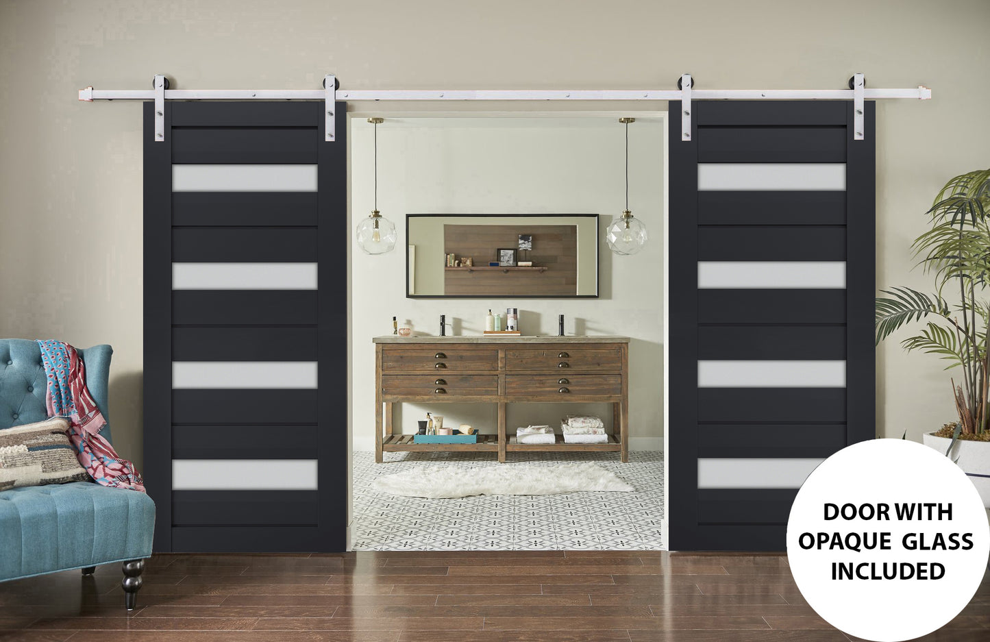 Veregio 7455 Antracite Double Barn Door with Frosted Glass and Silver Finish Rail