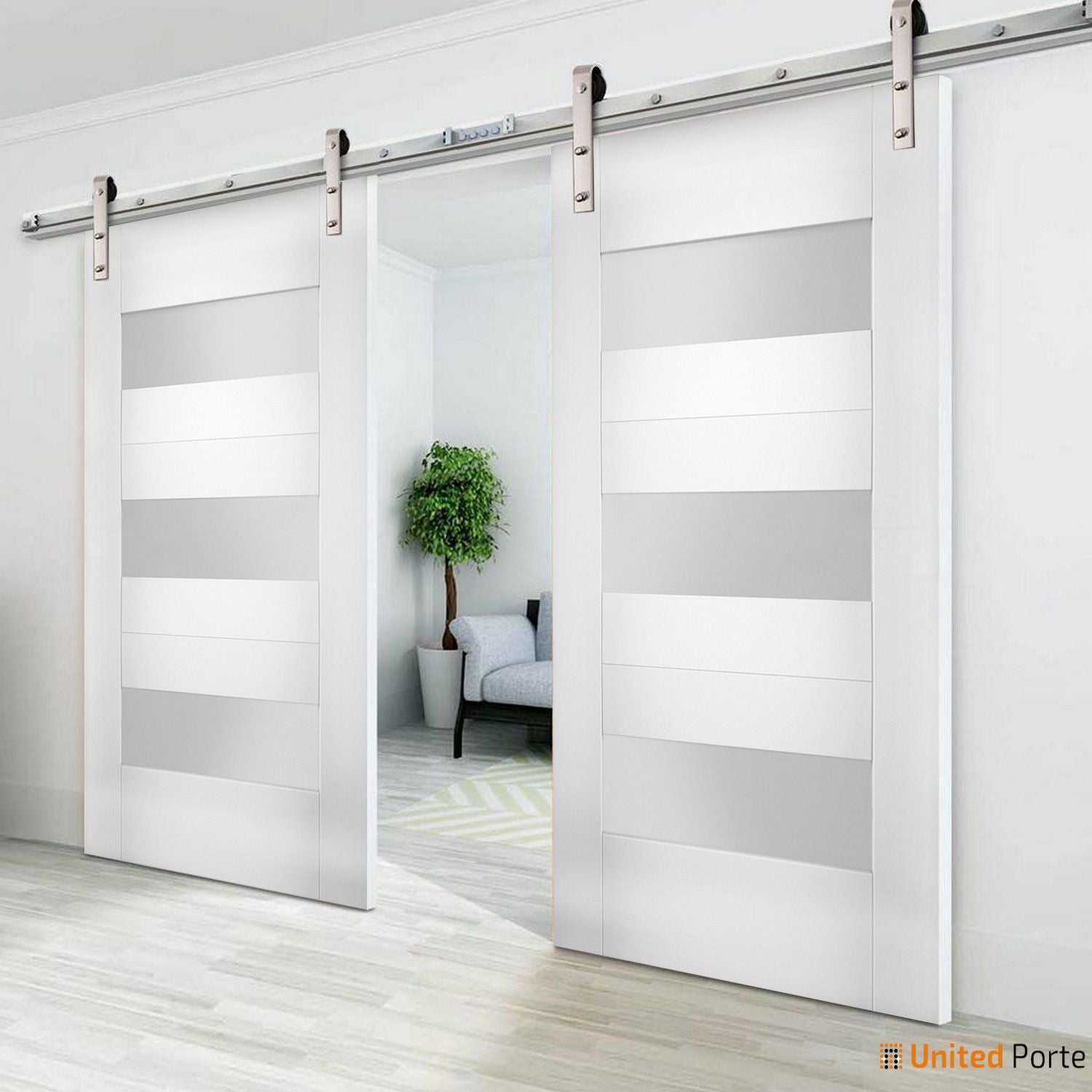 Sete 6003 White Silk Double Barn Door with Frosted Glass | Stainless Steel Rail