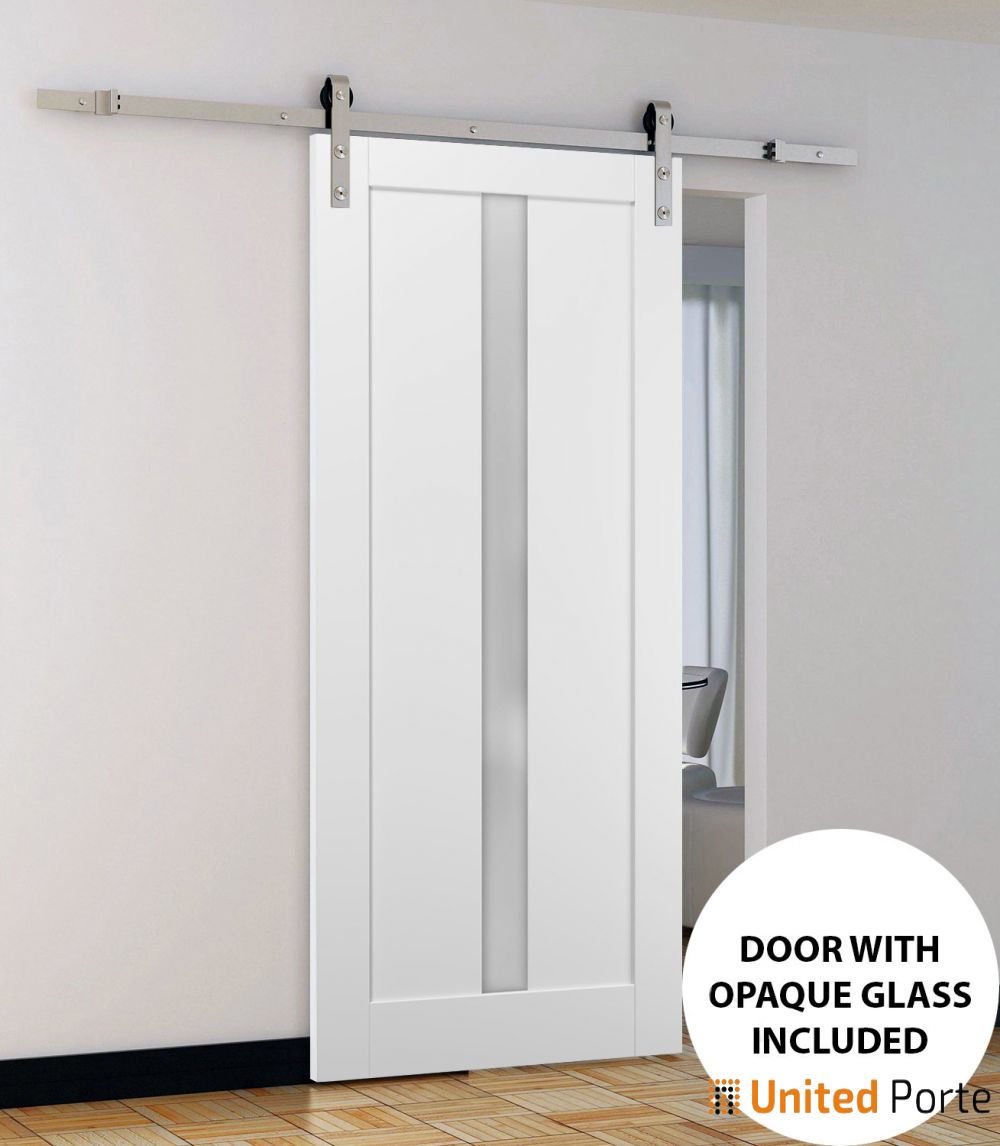 Quadro 4112 White Silk Barn Door with Frosted Glass and Stainless Rail