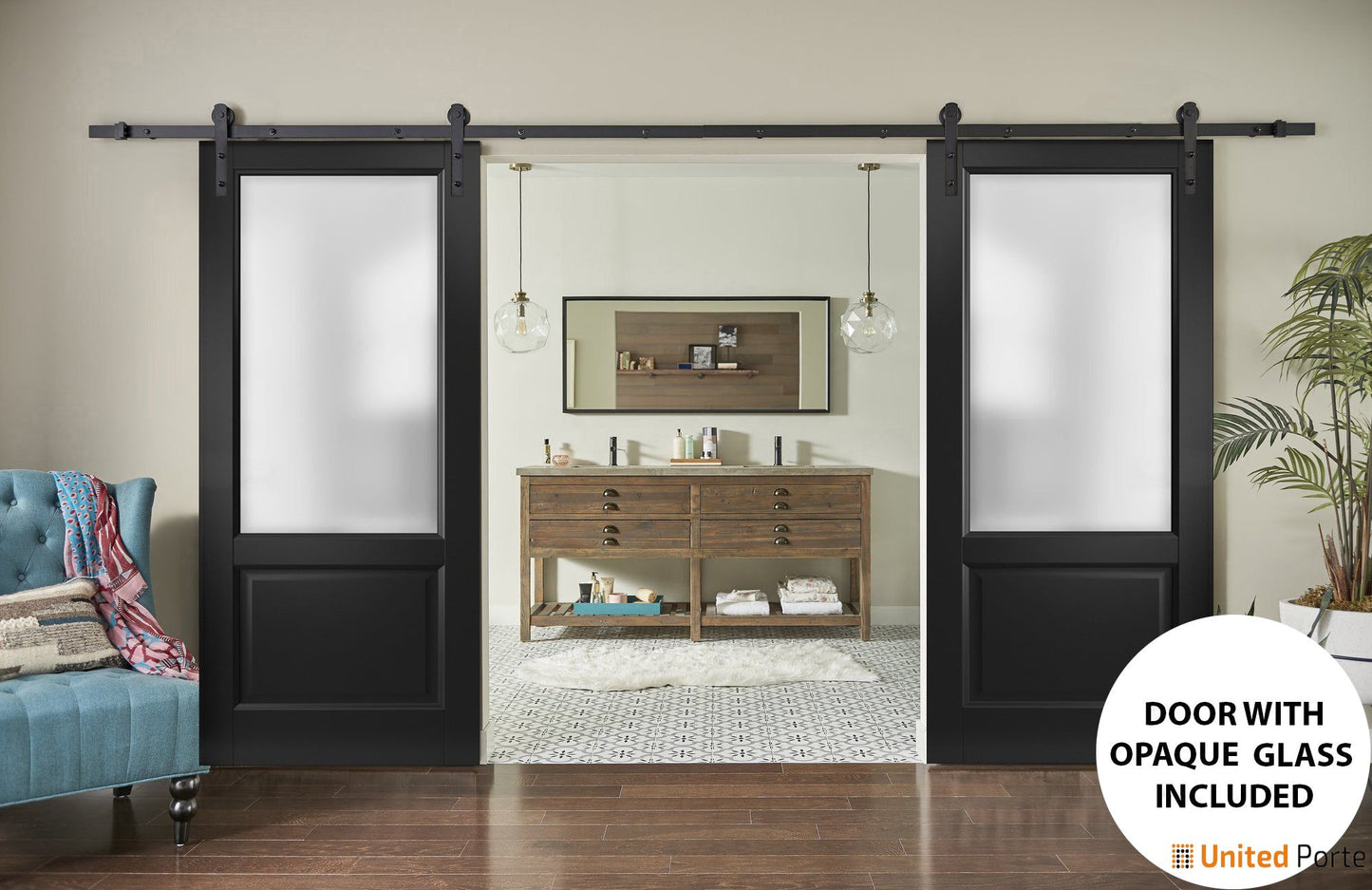 Lucia 22 Matte Black Double Barn Door with Frosted Glass | Black Rail