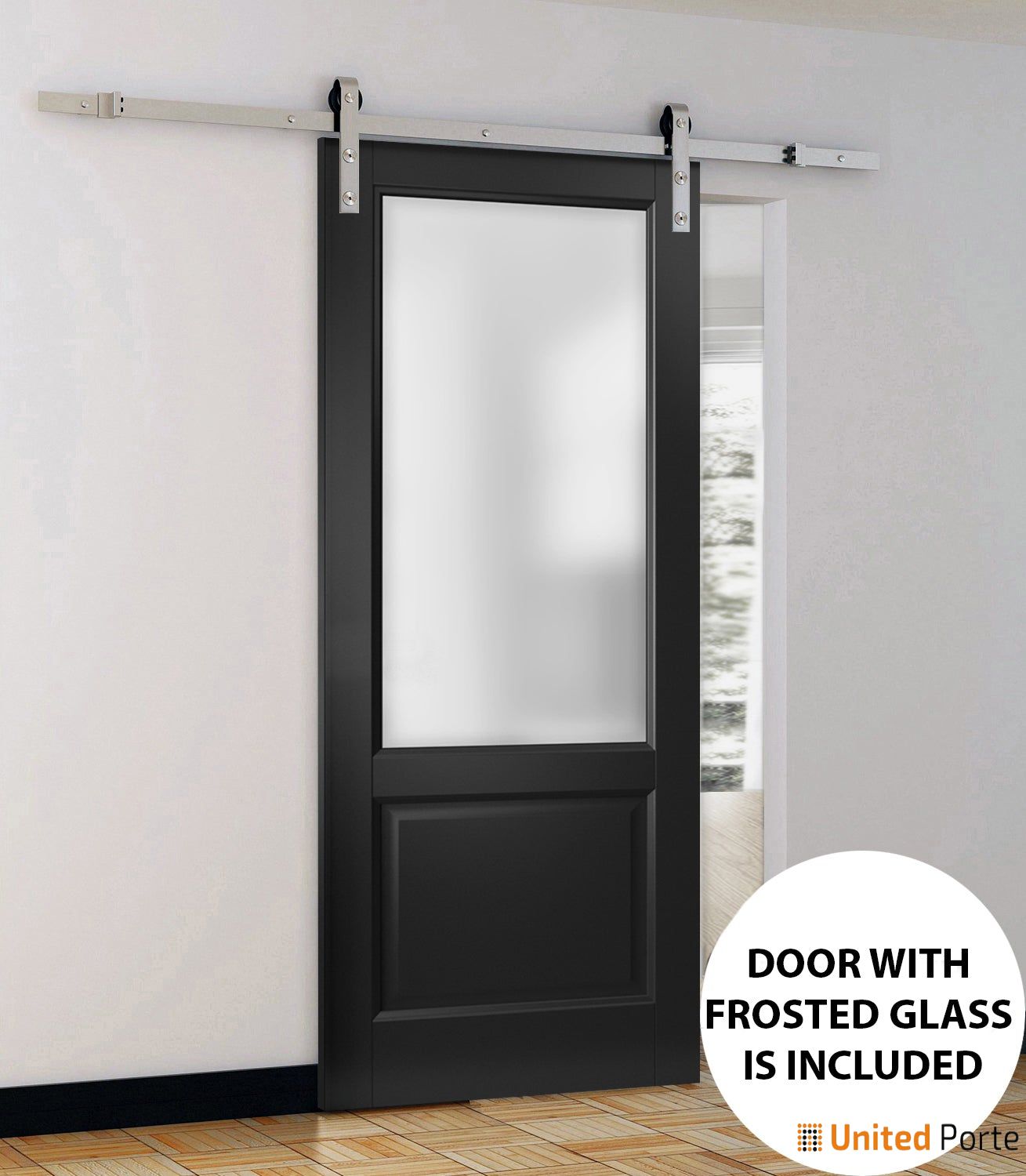 Lucia 22 Matte Black Barn Door with Frosted Glass and Silver Finish Rail