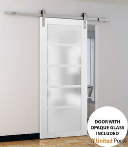 Quadro 4002 White Silk Barn Door with Frosted Glass and Stainless Rail