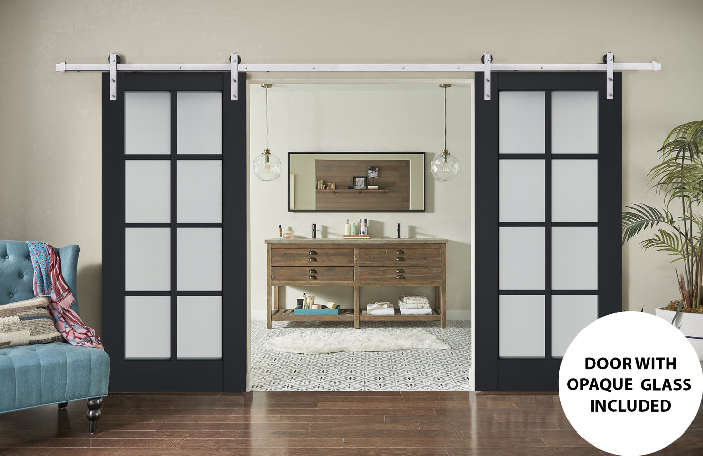 Veregio 7412 Antracite Double Barn Door with Frosted Glass and Silver Finish Rail