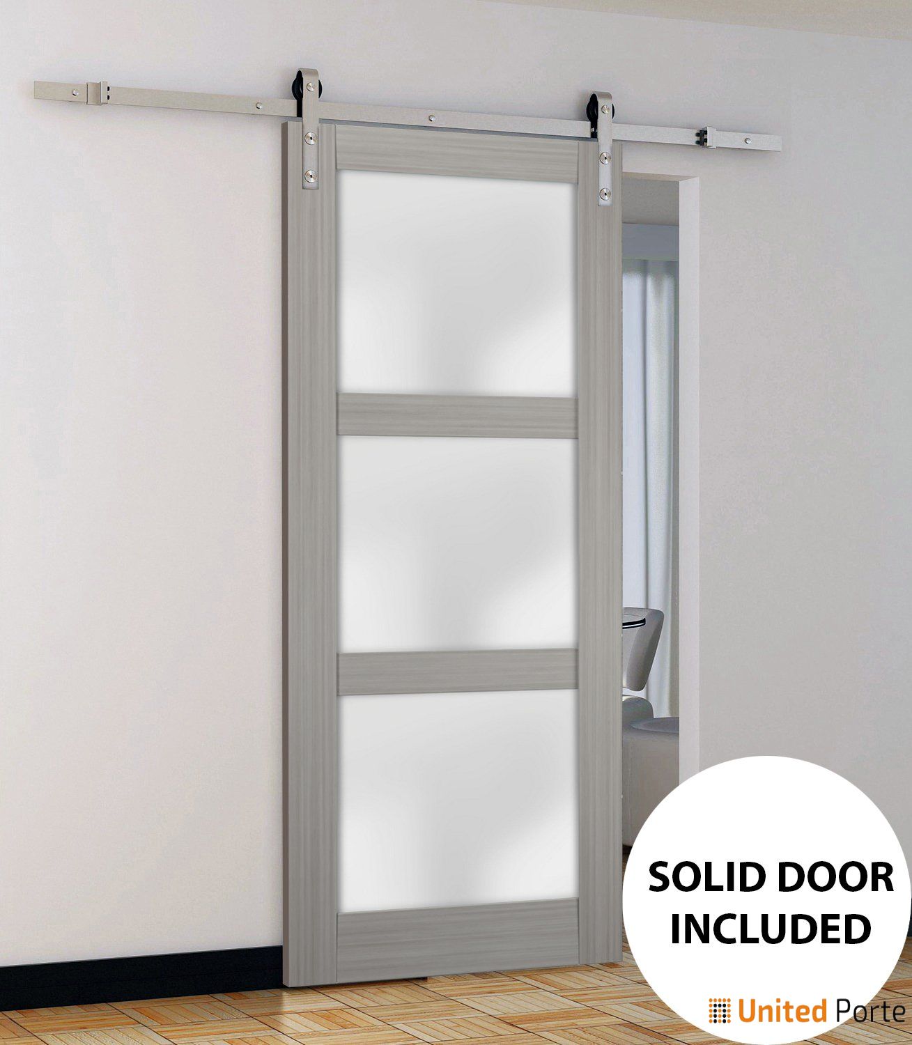 Lucia 2552 Grey Ash Barn Door with Frosted Glass and Stainless Rail