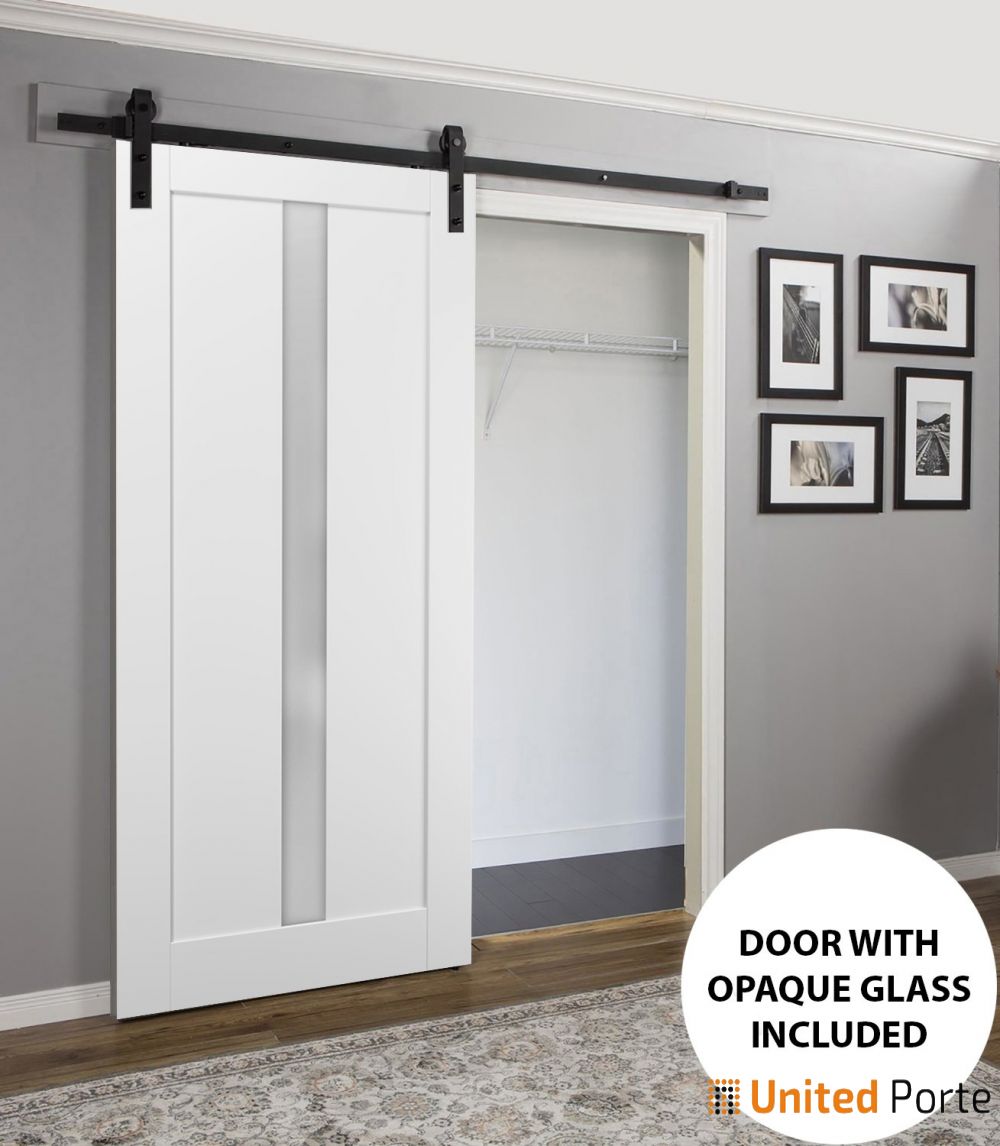 Quadro 4112 White Silk Barn Door Slab with Frosted Glass and Black Rail