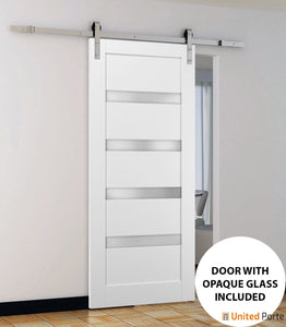 Quadro 4113 White Silk Barn Door with Frosted Glass and Stainless Rail