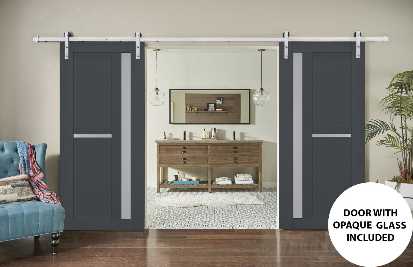 Veregio 7288 Antracite Double Barn Door with Frosted Glass and Silver Finish Rail