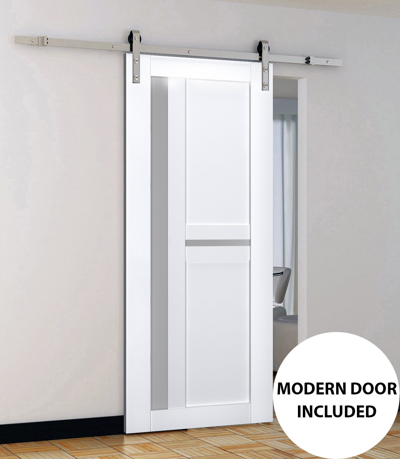 Veregio 7288 Matte White Barn Door with Frosted Glass and Silver Finish Rail