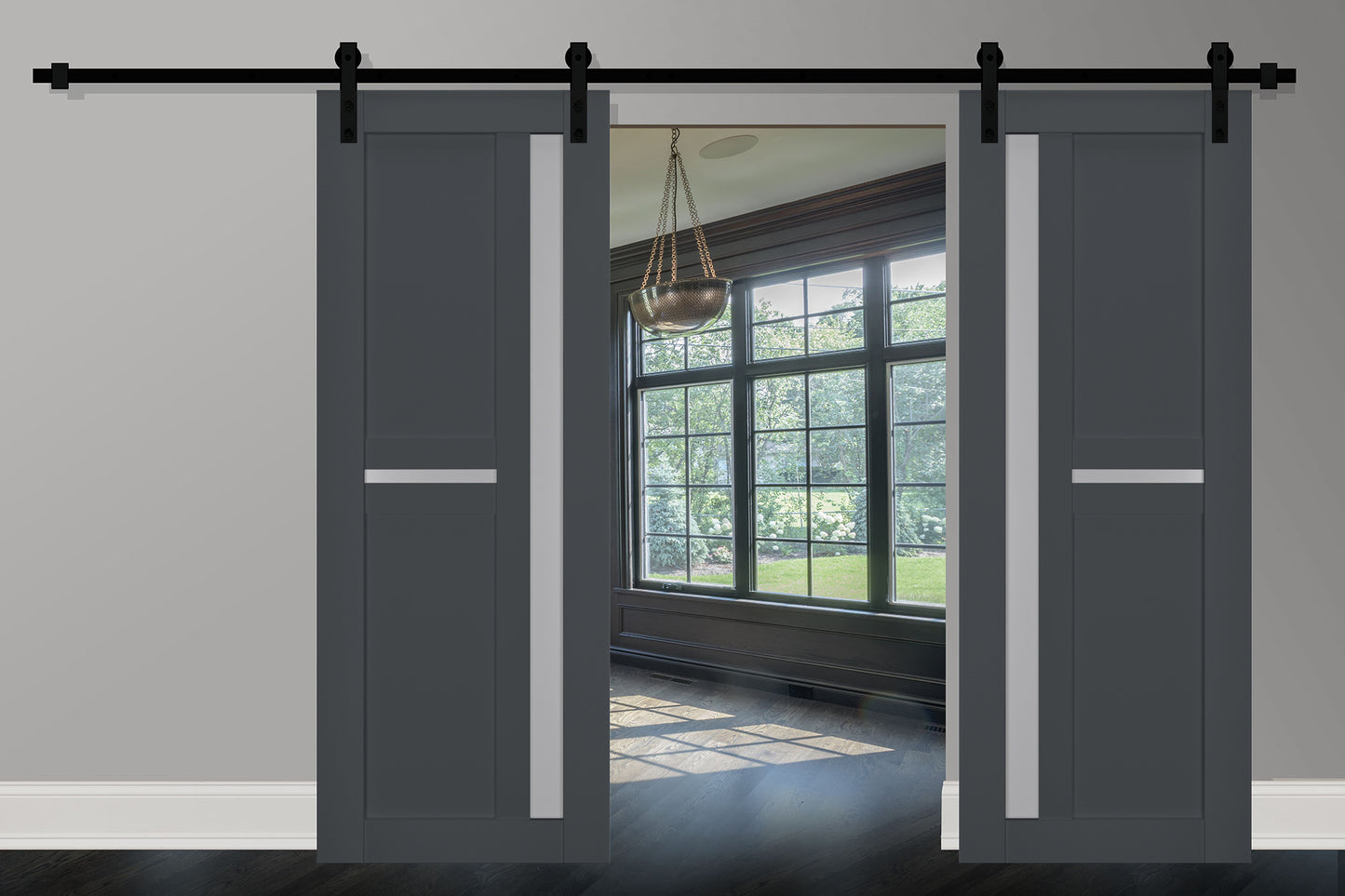 Veregio 7288 Antracite Double Barn Door with Frosted Glass and Black Rail