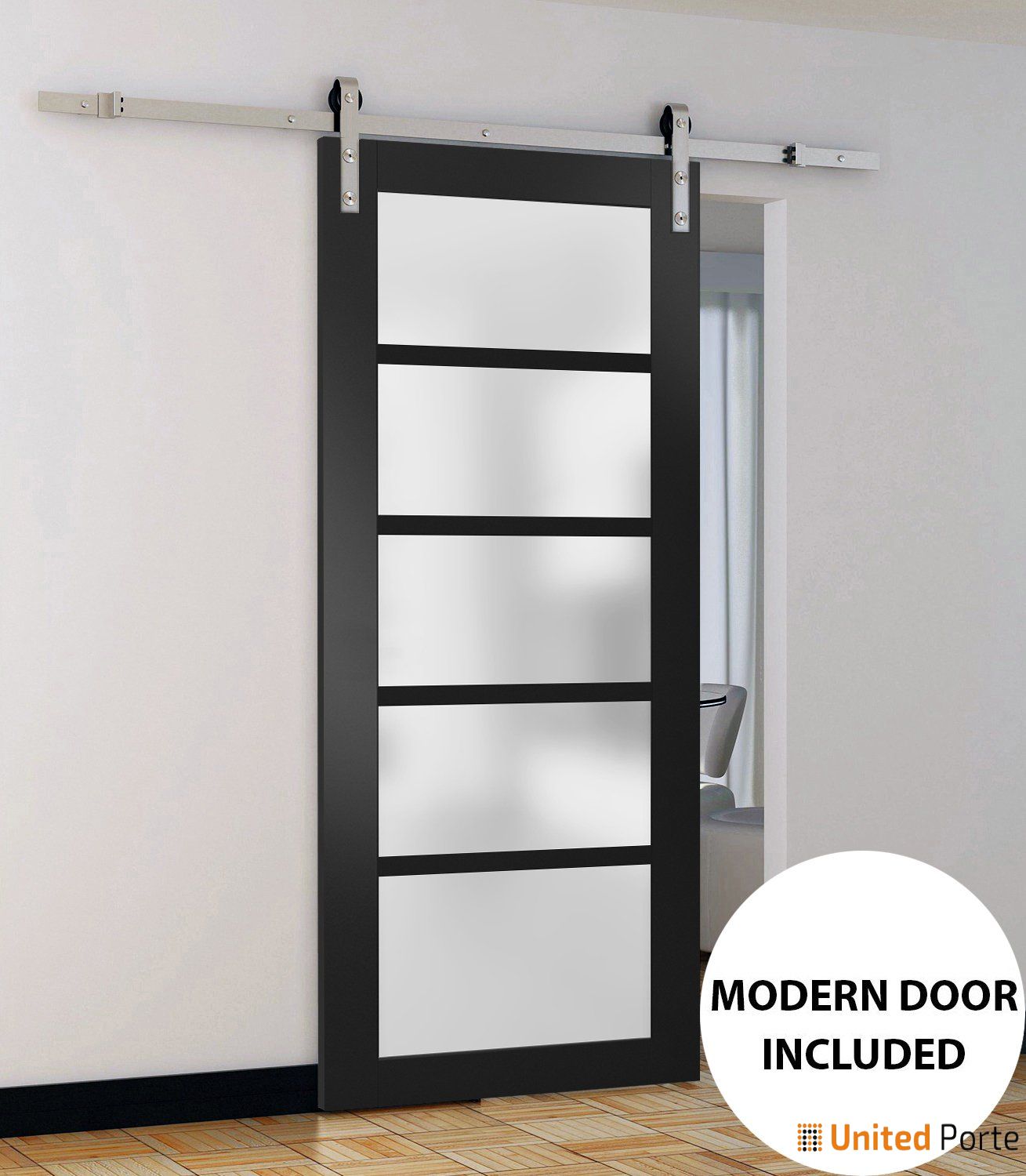 Quadro 4002 Matte Black Barn Door with Frosted Glass and Stainless Rail