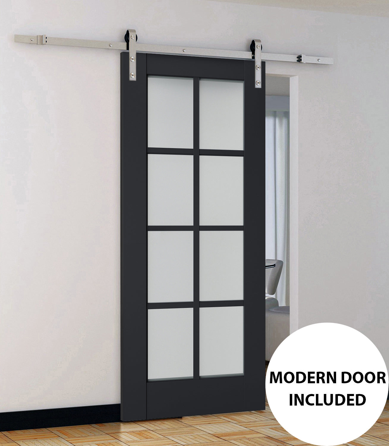 Veregio 7412 Antracite Barn Door with Frosted Glass and Silver Finish Rail